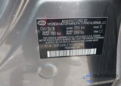 2019 Hyundai Elantra Sel z USA, uszkodzony, nr VIN 5NPD84LF7KH422483